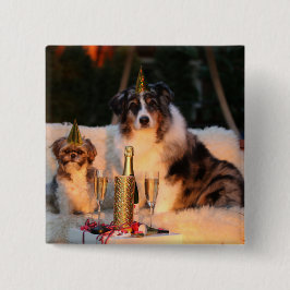 Bóton Quadrado 5.08cm Cães Celebrando Ano Novo