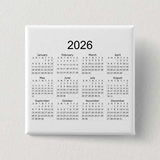 Bóton Quadrado 5.08cm Calendário Minimalista Simples 2026 (Frente)