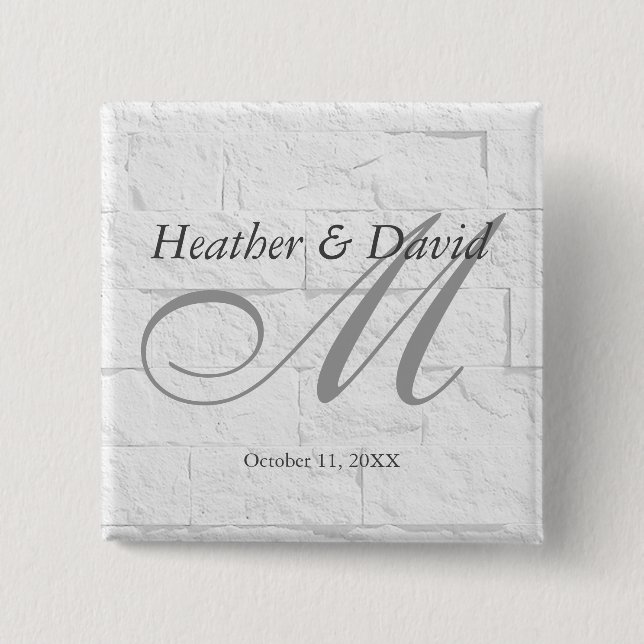 Bóton Quadrado 5.08cm Caligrafia Monograma Casamento Parede de Tijolo (Frente)