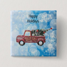 Bóton Quadrado 5.08cm caminhão de colheita vermelho sobre fundo azul com