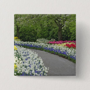 Bóton Quadrado 5.08cm Caminho de calçada através de tulipas e narcisos,