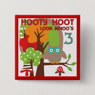 Bóton Quadrado 5.08cm Camisas de aniversário de 3 anos de coruja e prese