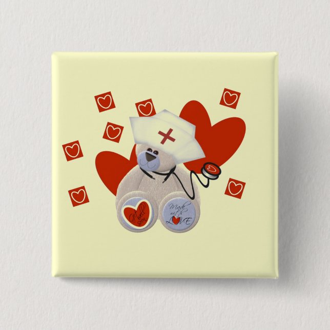 Bóton Quadrado 5.08cm Camiseta e presentes do amor da enfermeira do urso (Frente)