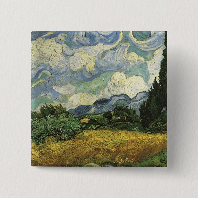 Bóton Quadrado 5.08cm Campo de trigo com ciprestes, Vincent Van Gogh (Frente)