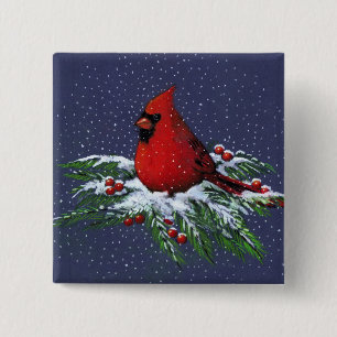 BÓTON QUADRADO 5.08CM CARDEAL DO NATAL: PÁSSARO: ARTE: NEVE