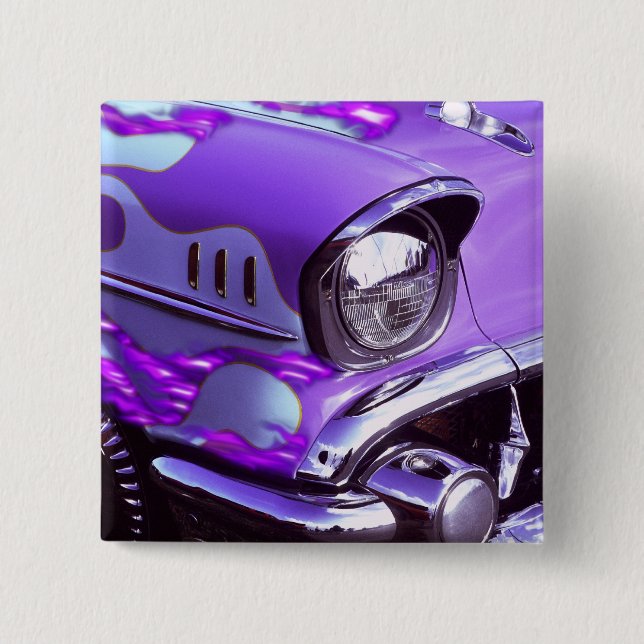 Bóton Quadrado 5.08cm Carro clássico: Chevrolet com capa flamejante (Frente)