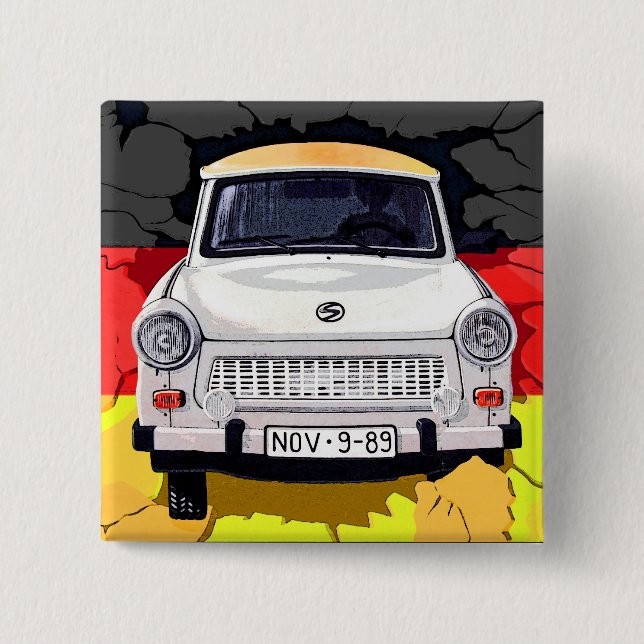 Bóton Quadrado 5.08cm Carro de Trabant e bandeira alemão, muro de Berlim (Frente)