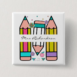 Bóton Quadrado 5.08cm Cartoon de lápis de nome de professor colorido