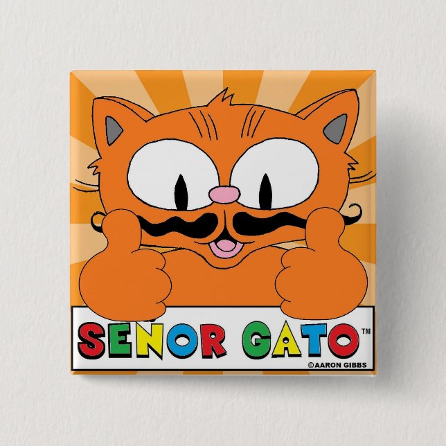 Bóton Quadrado 5.08cm Cartoon Mustache Cat Senor Gato Atira (Frente)