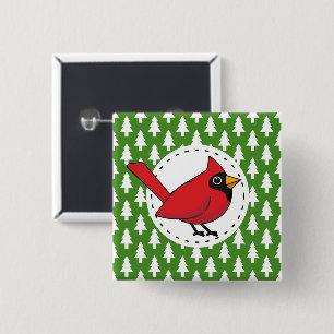 Bóton Quadrado 5.08cm Cartoon Red Cardinal sobre Pinheiros Brancos Verde