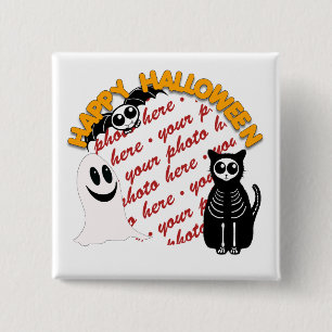 Bóton Quadrado 5.08cm Cartoon Skeleton Cat, Bat & Ghost Photo Frame