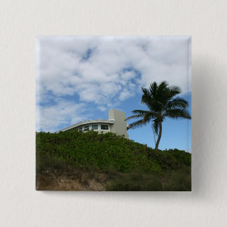 Bóton Quadrado 5.08cm Casa de praia no monte com céu e palmeira