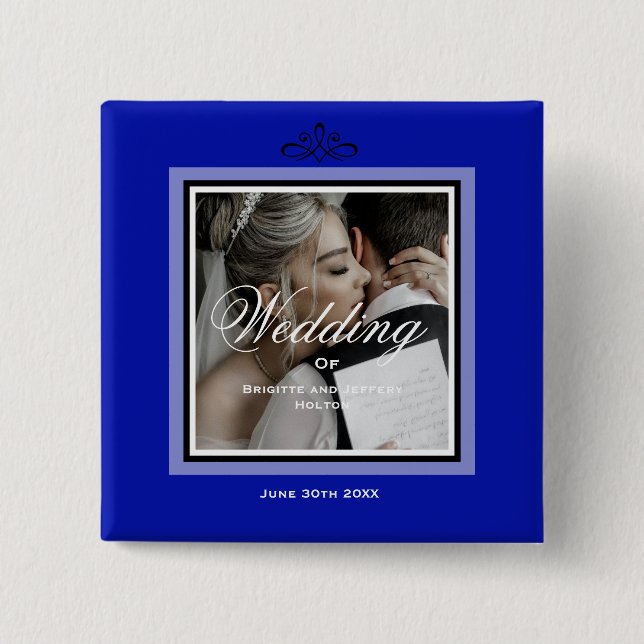 Bóton Quadrado 5.08cm Casal de casamento azul cobalto personalizável (Frente)