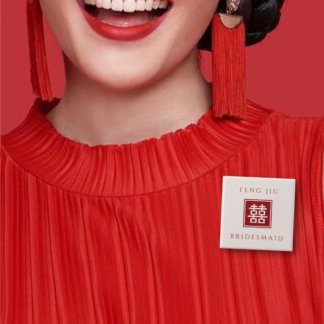 Bóton Quadrado 5.08cm Casamento Chinês de Felicidade Dupla Quadrada BRID (BRIDESMAID Red/Ivory White Classic Square Double Happiness Wedding Button @ fatfatin_red_knot)