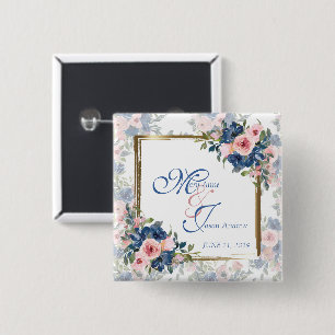 Bóton Quadrado 5.08cm Casamento com Aquarela Azul Marinho e Bege