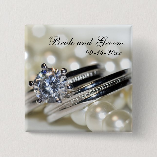 Bóton Quadrado 5.08cm Casamento de Anéis e Pérolas Brancas (Frente)