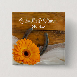 Bóton Quadrado 5.08cm Casamento Ocidental entre a Margarida Laranja e o