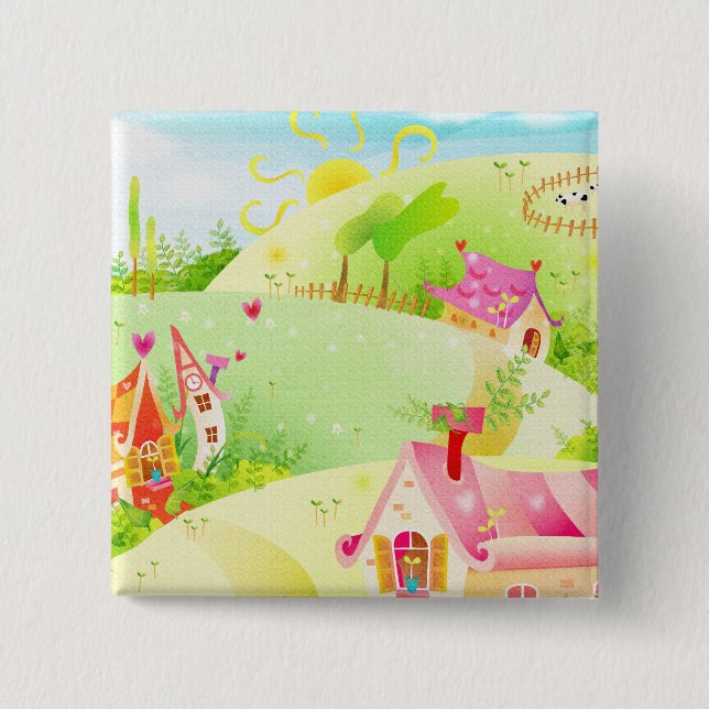 Bóton Quadrado 5.08cm casas cor-de-rosa pequenas (Frente)