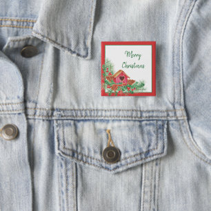 Bóton Quadrado 5.08cm Casinha de pássaros em aquarela Natal Férias