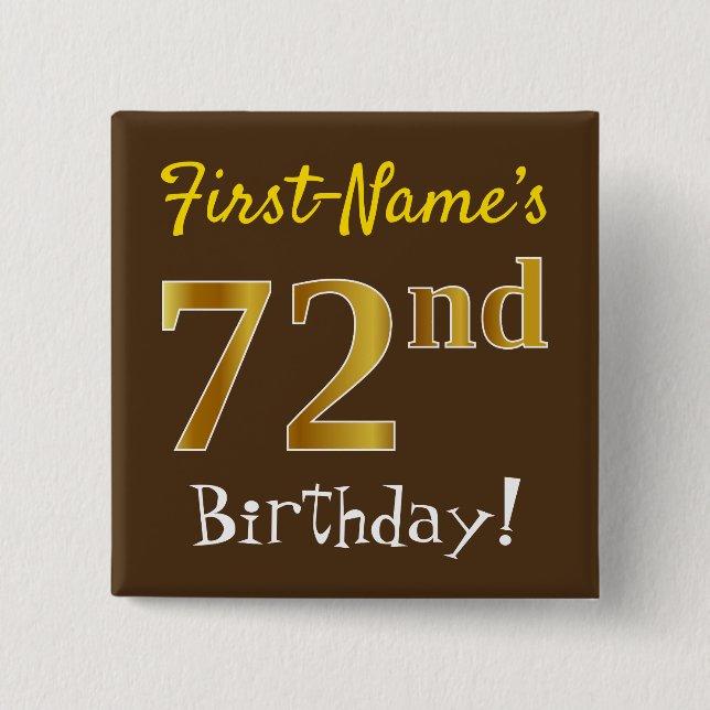 Bóton Quadrado 5.08cm Castanho, Faux Dourado 72º Aniversário, Com Nome P (Frente)