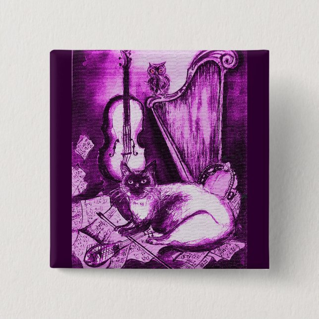 Bóton Quadrado 5.08cm CAT MUSICAL, Violeta Roxa e Branco (Frente)