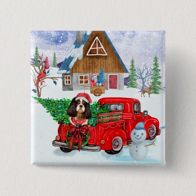 Bóton Quadrado 5.08cm Cavalier King Dog Em Neve De Caminhão No Parto De  (Frente)