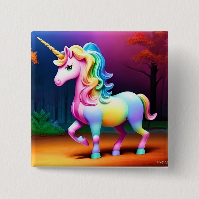 Bóton Quadrado 5.08cm Cavalo Unicórnio com Cores Arco-Íris (Frente)