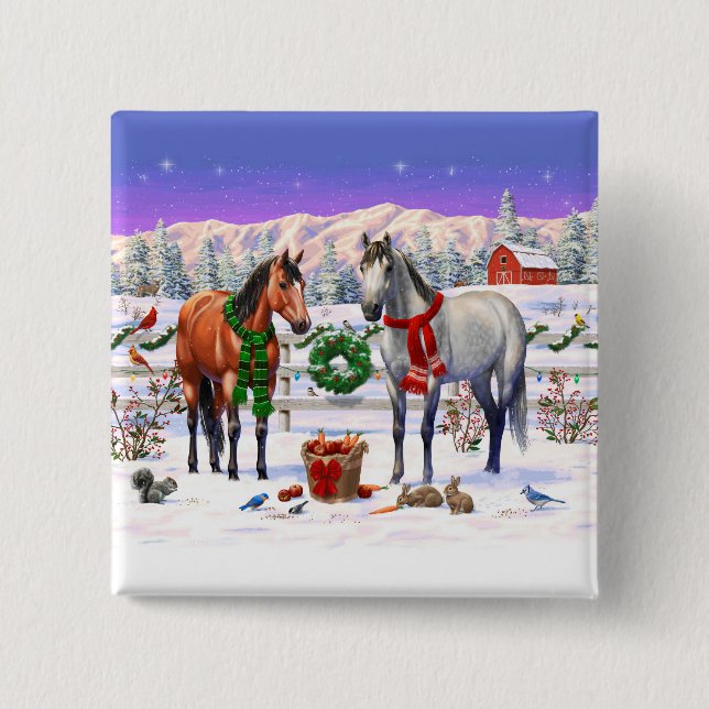 Bóton Quadrado 5.08cm Cavalos de Natal na neve (Frente)