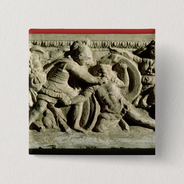 Bóton Quadrado 5.08cm Cena de batalha de uma urna cinerary, Etruscan (Frente)