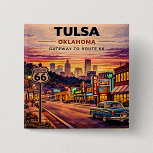 Bóton Quadrado 5.08cm Cena de viagem pela Rota 66 em Tulsa Oklahoma vint