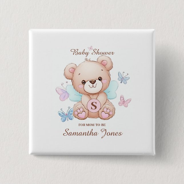 Bóton Quadrado 5.08cm Chá de fraldas de Urso Personalizado (Frente)