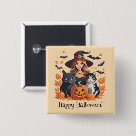 Bóton Quadrado 5.08cm Chapéus de bruxas e abóboras no Halloween