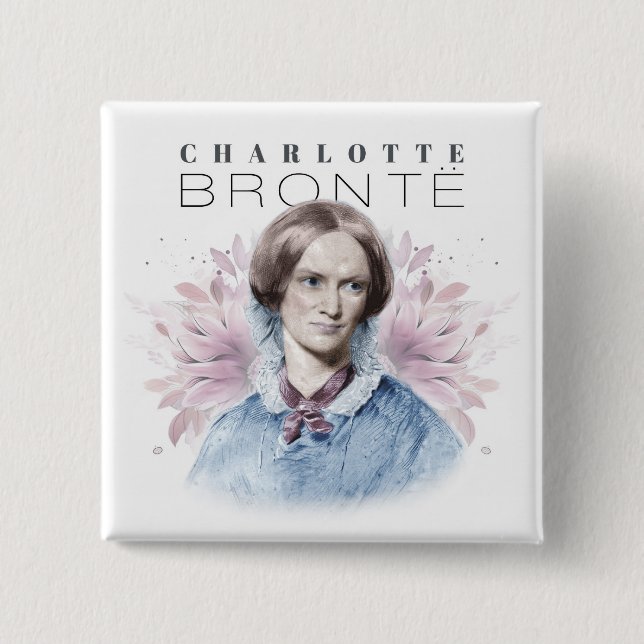 Bóton Quadrado 5.08cm Charlotte Bronte Retrato de Richmond com Flores (Frente)