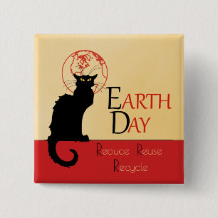 Bóton Quadrado 5.08cm Chat Noir Earth Day Reduza o Reciclar de reutiliza