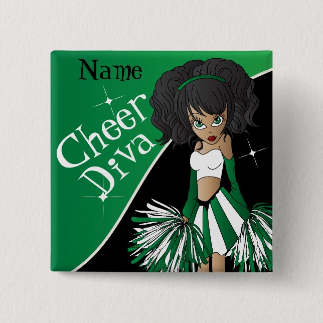 Bóton Quadrado 5.08cm Cheer Diva Cheerleader Girl | DIY Name | Verde (Frente)