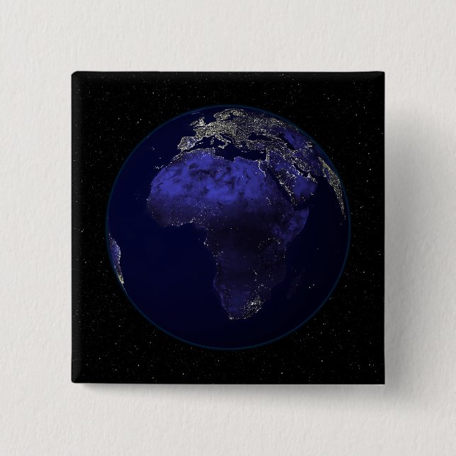 Bóton Quadrado 5.08cm Cheio Terra à noite mostrando África e Europa (Frente)