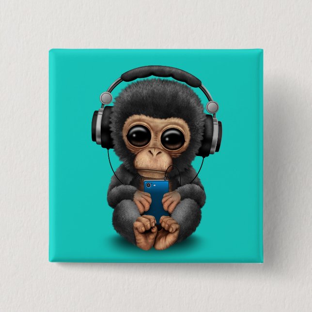 Bóton Quadrado 5.08cm Chimpanzé do bebê com fones de ouvido e telemóvel (Frente)
