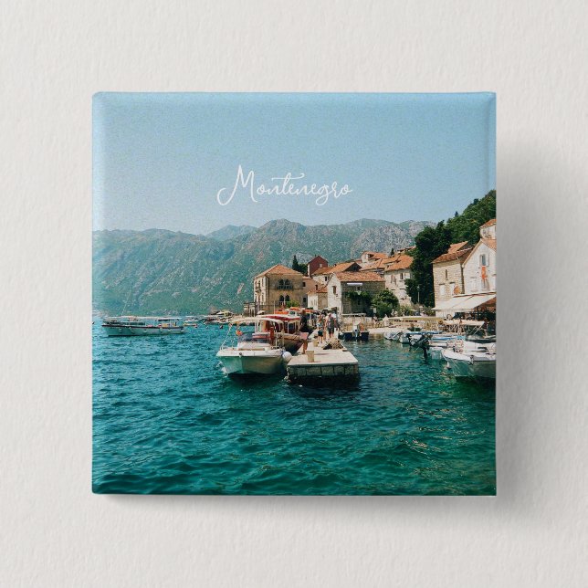 Bóton Quadrado 5.08cm Cidade costeira de Perast, Montenegro (Frente)