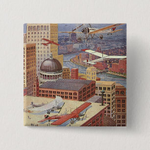 Bóton Quadrado 5.08cm Cidade de Ficção Científica Vintage, Steam Punk Vi