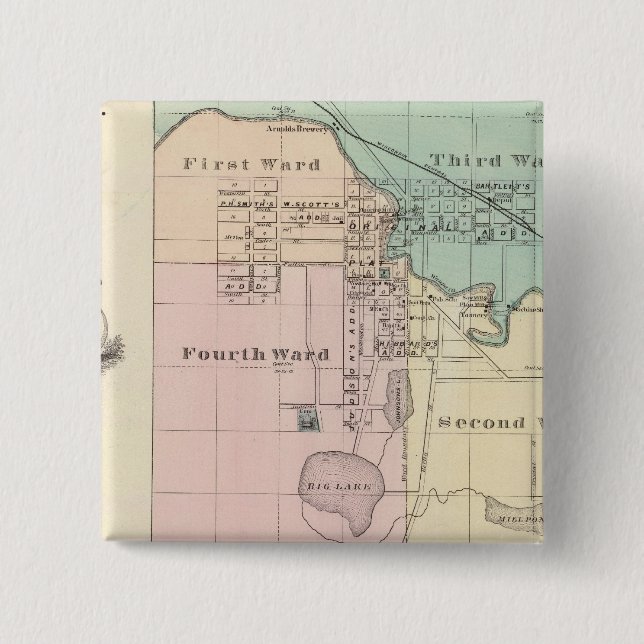 Bóton Quadrado 5.08cm Cidade de Waupaca, Vila de Winneconne (Frente)