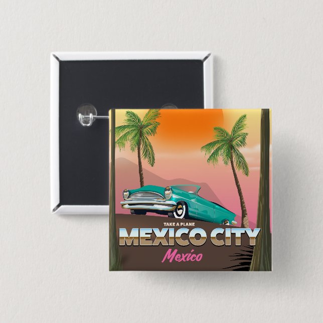 Bóton Quadrado 5.08cm Cidade do México, poster de feriado no méxico (Frente & Verso)