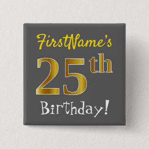 Bóton Quadrado 5.08cm Cinza, Faux Dourado Birthday, Com Nome Personaliza