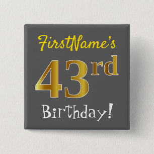 Bóton Quadrado 5.08cm Cinzas, Faux Dourado 43º Aniversário, Com Nome P