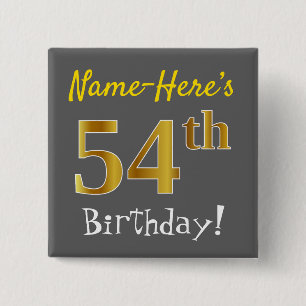 Bóton Quadrado 5.08cm Cinzas, Faux Dourado 54º Aniversário, Com Nome P