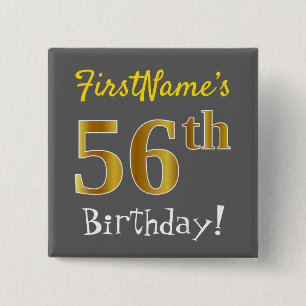 Bóton Quadrado 5.08cm Cinzas, Faux Dourado 56º Aniversário, Com Nome P
