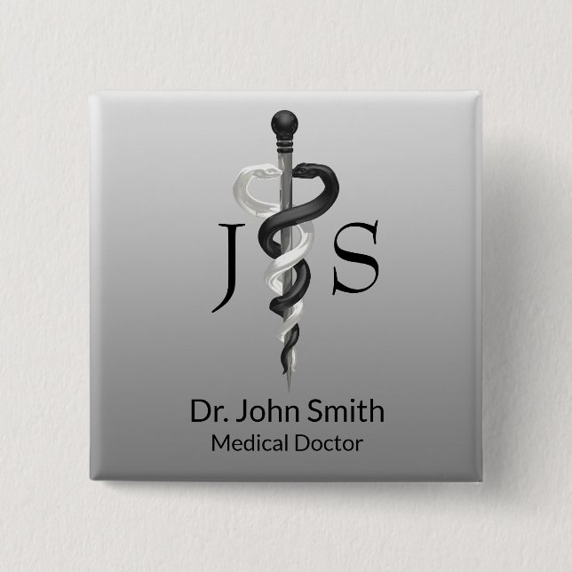 Bóton Quadrado 5.08cm Clássica Médica Nobre Elegante Negro Asclepius (Frente)