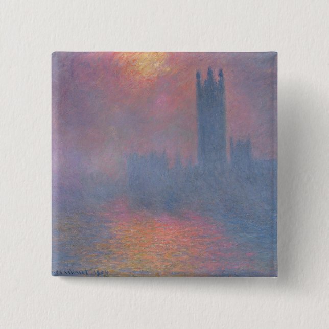 Bóton Quadrado 5.08cm Claude Monet | as casas do parlamento, Londres (Frente)