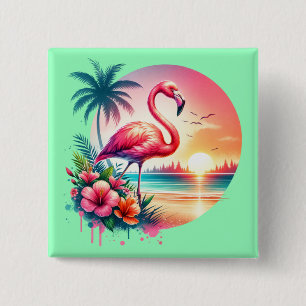 Bóton Quadrado 5.08cm Clipart do Pôr do Sol Flamingo Rosa-93938