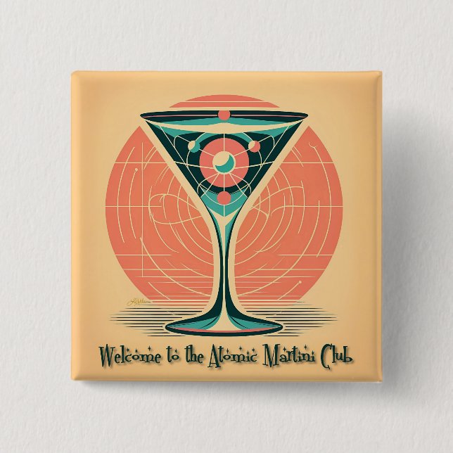 Bóton Quadrado 5.08cm Clube de Coquetel Martini Atômico com Entrelaçamen (Frente)