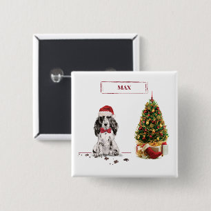 Bóton Quadrado 5.08cm Cocker Spaniel Natal Divertido Cachorro com Árvore